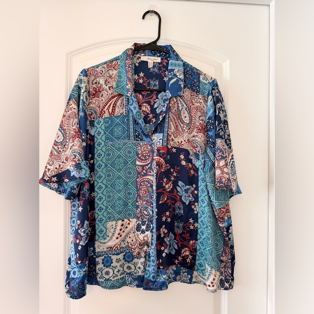 Patchwork Paisley Geometric Satin Button Up Shirt… - image 1